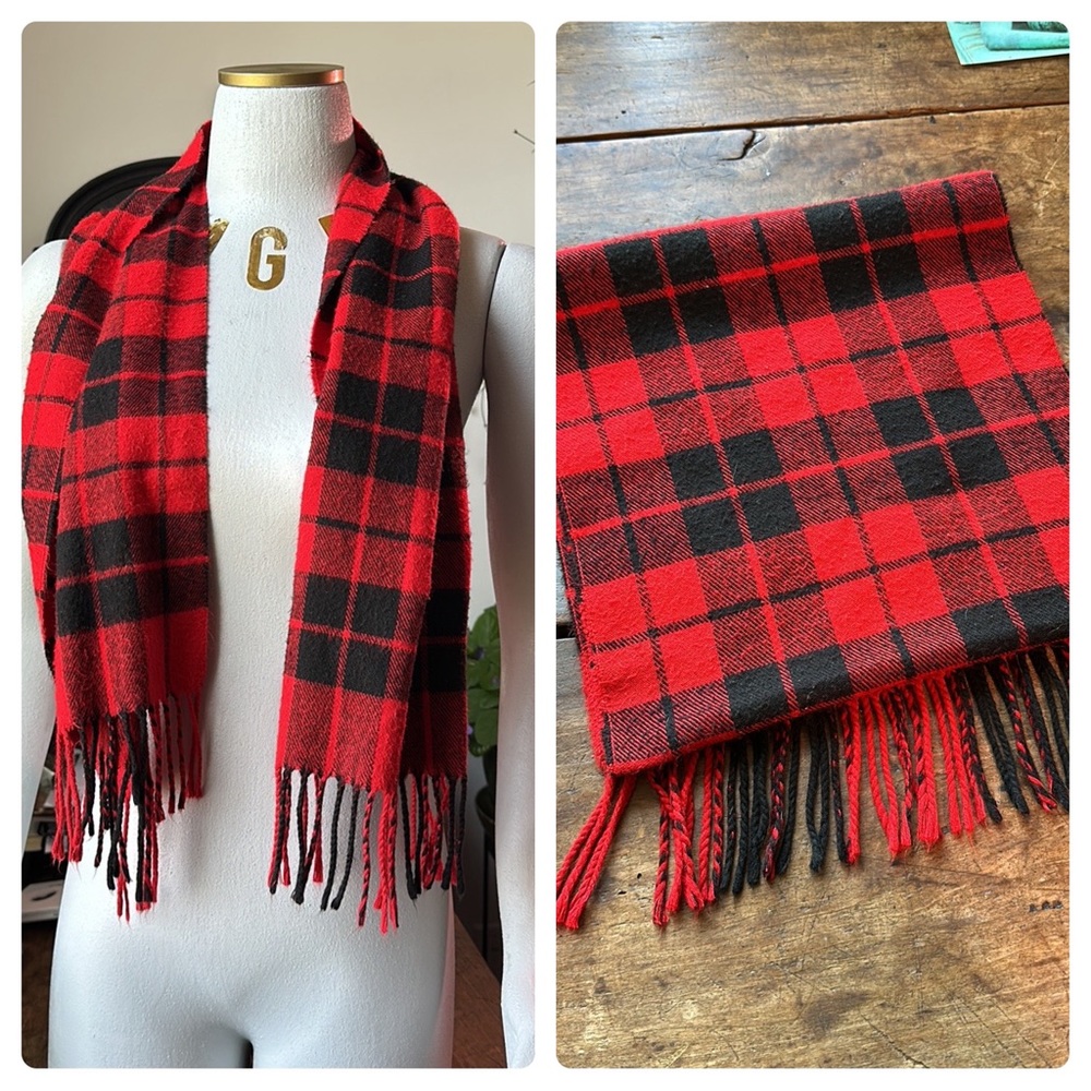 DIOR Vintage Plaid Tasseled Soft Scarf, Unisex, Red & Black